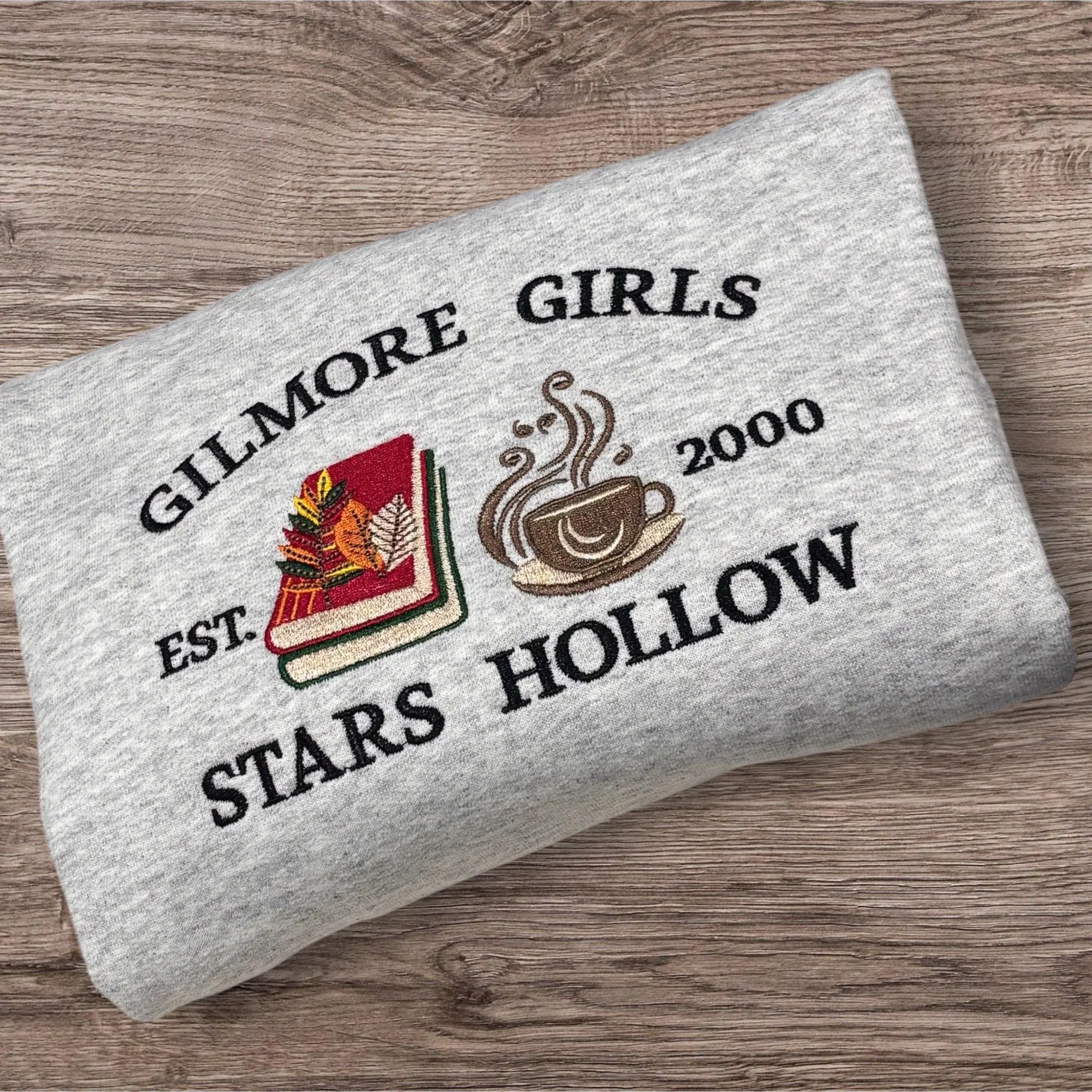 Embroidered Stars Hollow Sweatshirt: coffee, bookish hoodie.