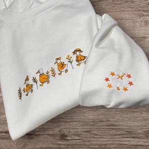 Embroidered Geese Sweatshirt: Autumn Leaves Crew Neck Jumper