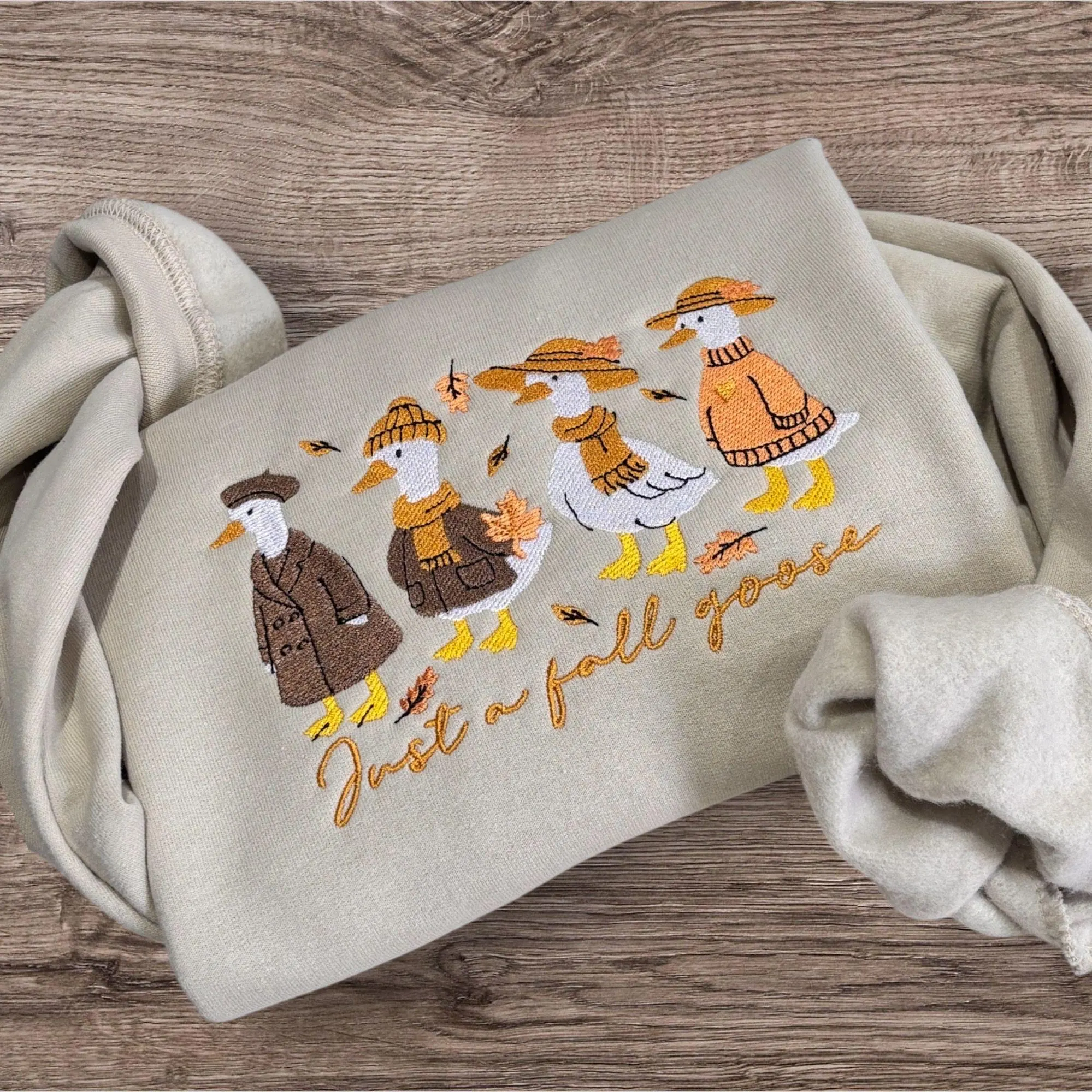 Embroidered Fall Goose Sweatshirt: Autumn Leaves Crew Neck Jumper - Image 5