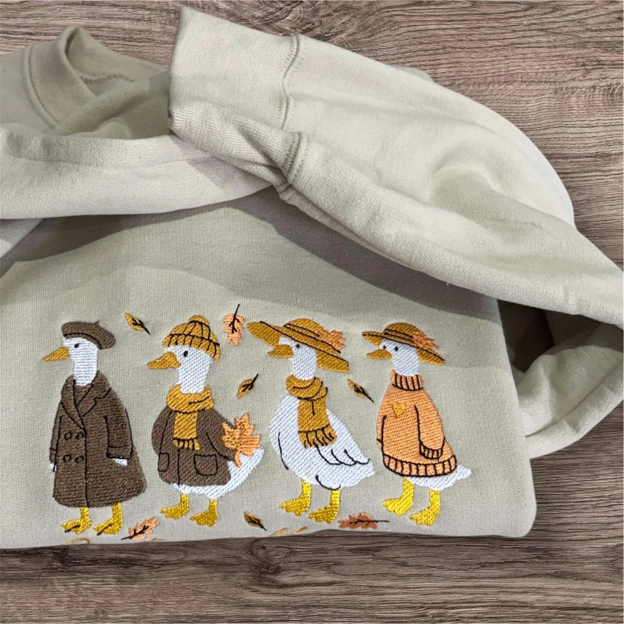 Embroidered Fall Goose Sweatshirt: Autumn Leaves Crew Neck Jumper - Image 4