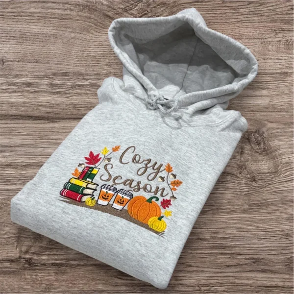Embroidered Cosy Season Sweatshirt: Autumn Leaves, Coffee Cup & Candles - Image 4