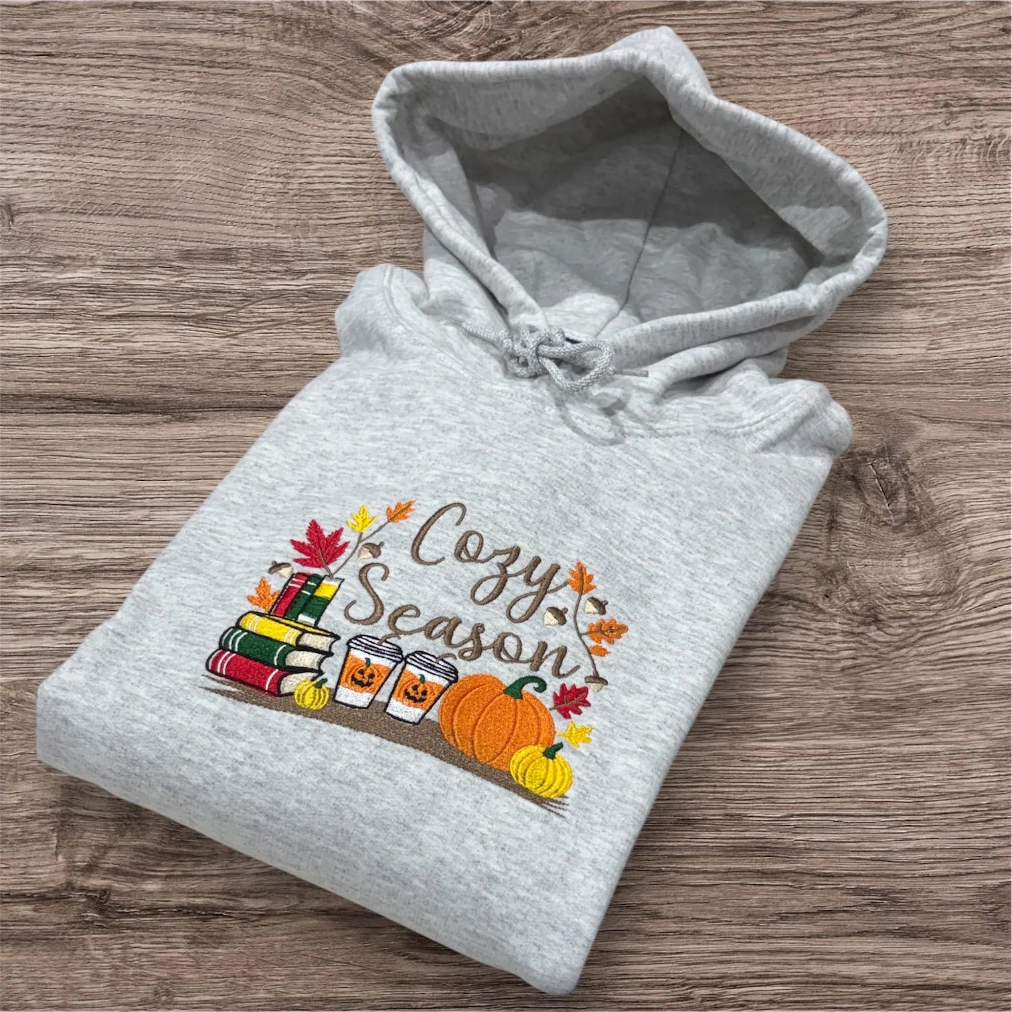 Embroidered Cosy Season Sweatshirt: Autumn Leaves, Coffee Cup & Candles - Image 4