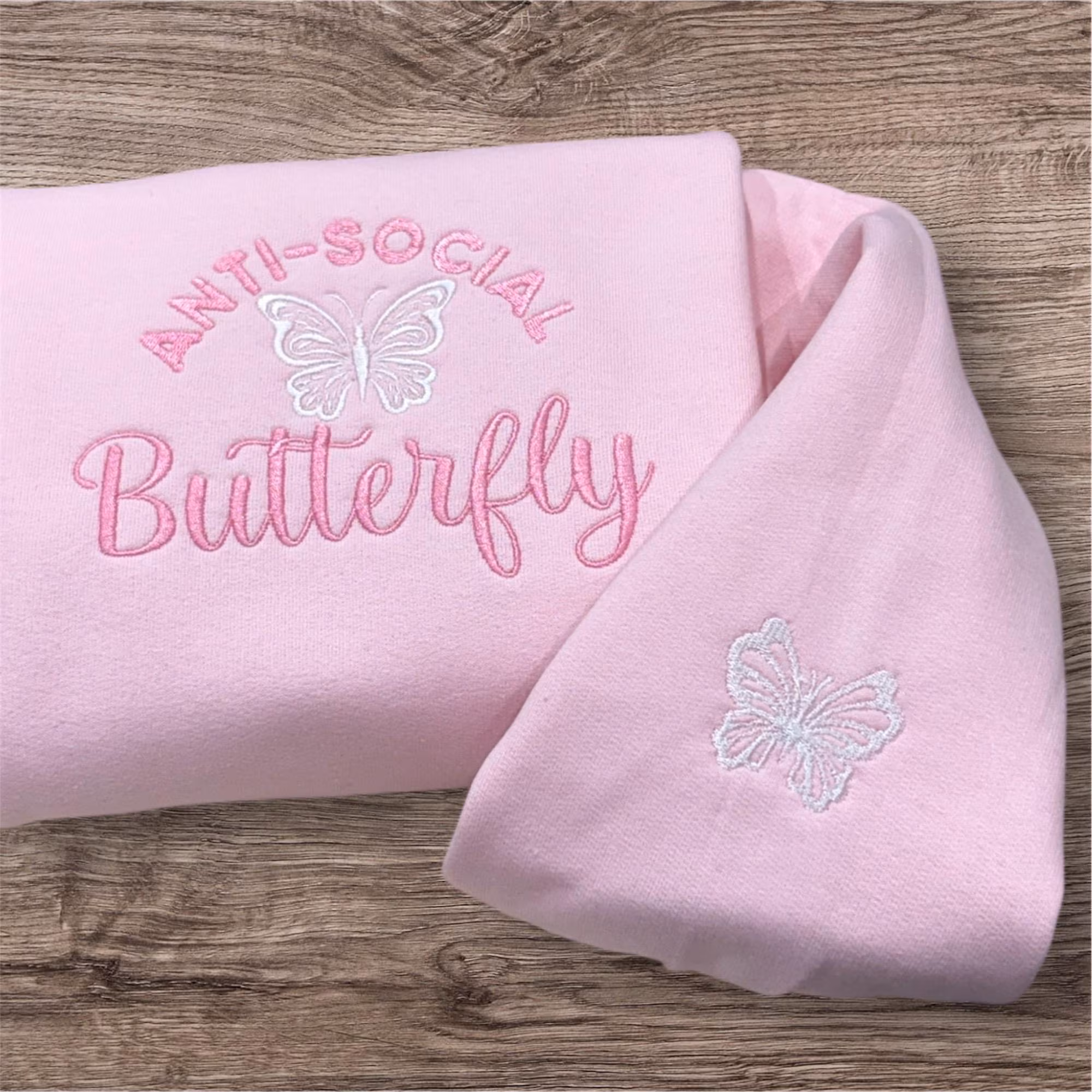 Embroidered Anti Social Butterfly Sweatshirt: Pretty Pink Crew Neck - Image 3