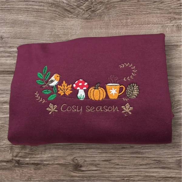 Embroidered cosy season, robin bird,pumpkin, sweatshirt, hoodie,crew neck, ladies fashion. Season jumper, autumn/fall leaves. - Image 3