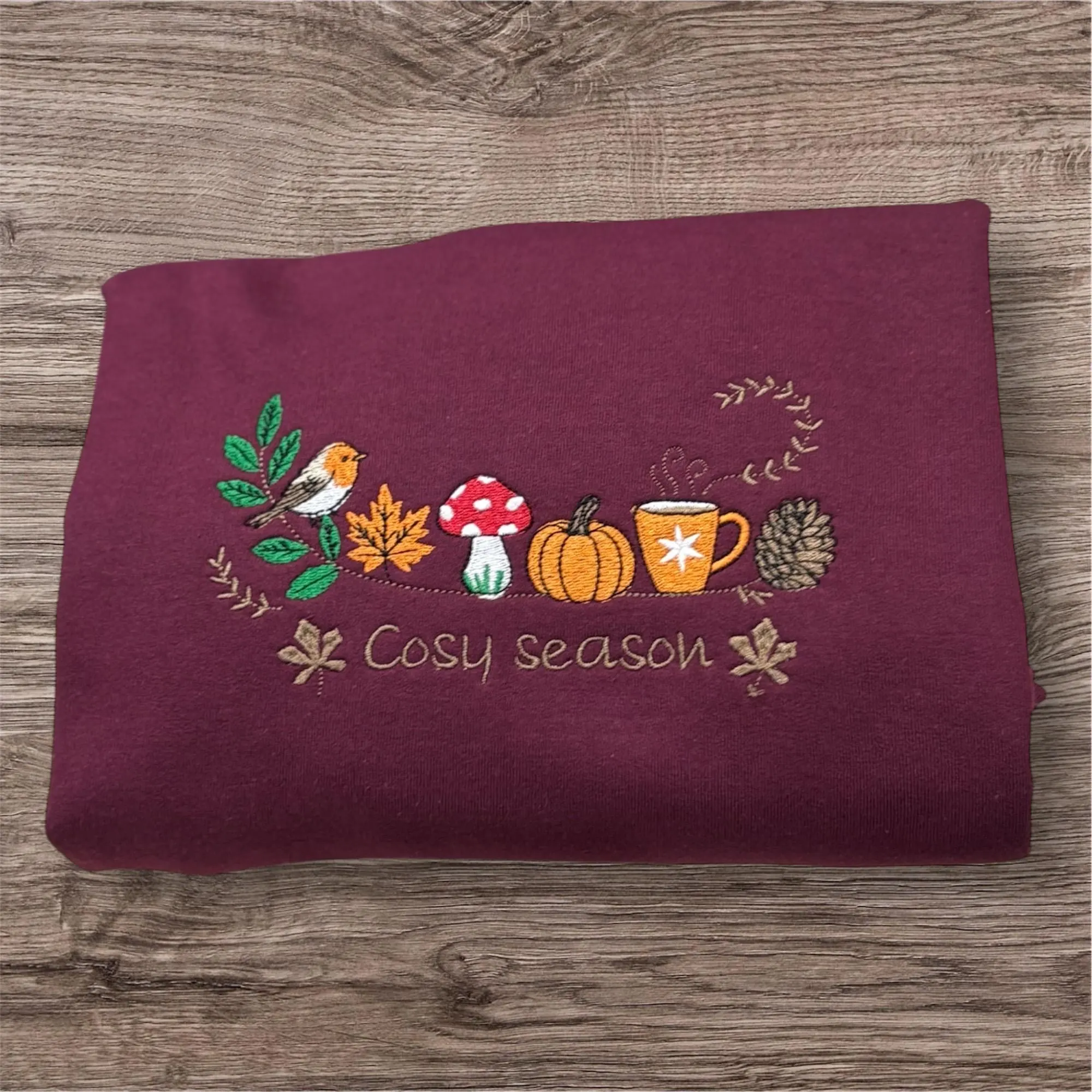Embroidered cosy season, robin bird,pumpkin, sweatshirt, hoodie,crew neck, ladies fashion. Season jumper, autumn/fall leaves. - Image 3