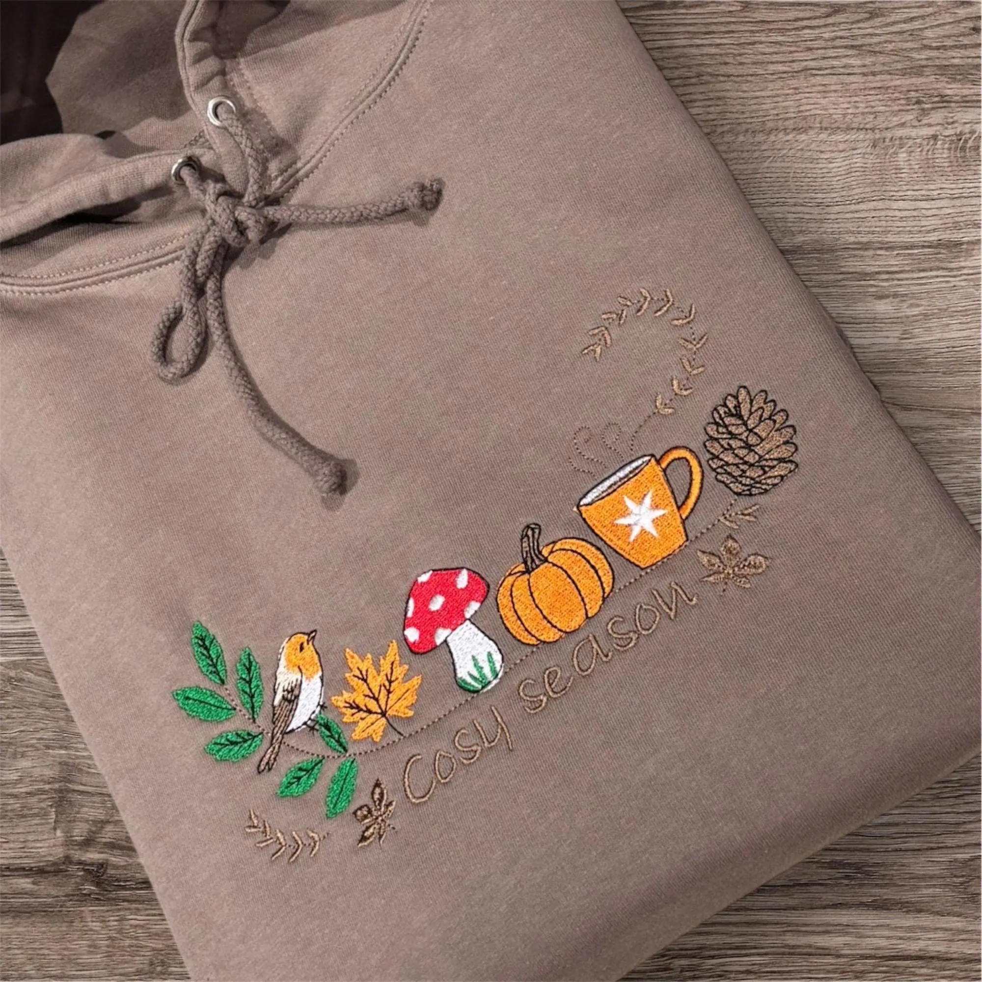 Embroidered cosy season, robin bird,pumpkin, sweatshirt, hoodie,crew neck, ladies fashion. Season jumper, autumn/fall leaves. - Image 2