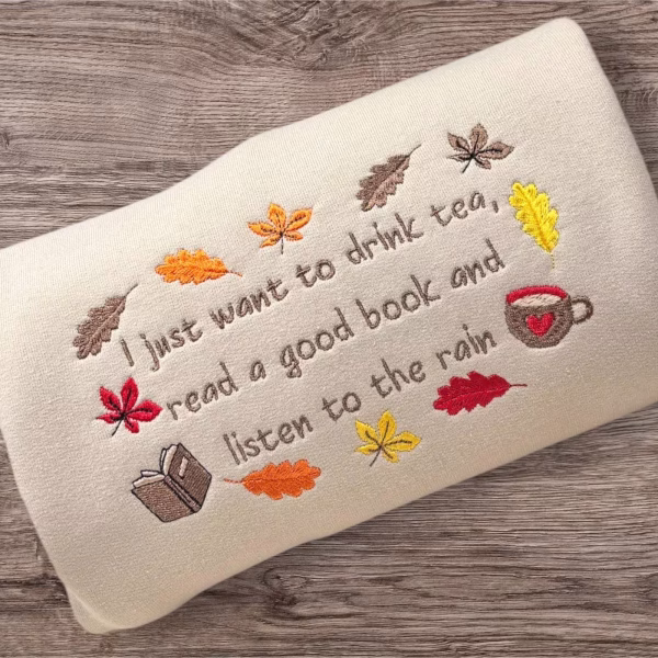 Embroidered Autumn Leaves Sweatshirt: Cozy Tea & Book Lover Gift - Image 3