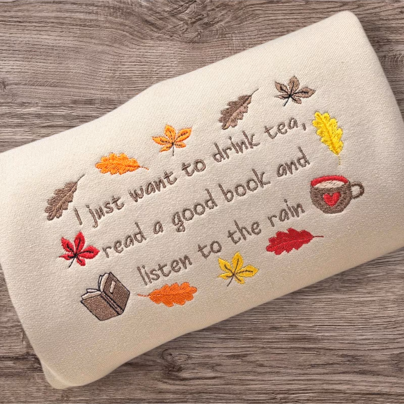 Embroidered Autumn Leaves Sweatshirt: Cozy Tea & Book Lover Gift - Image 3