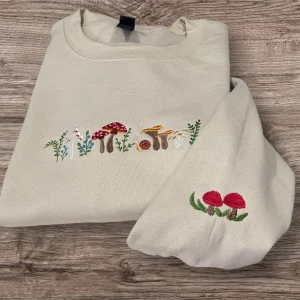 Enchanted hedgerow, mushroom forest embroidered, floral woodland sweatshirt, hoodie. Pretty flowers, wildlife, forestry sweater.