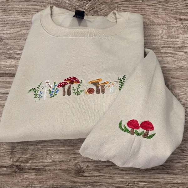 Enchanted hedgerow, mushroom forest embroidered, floral woodland sweatshirt, hoodie. Pretty flowers, wildlife, forestry sweater.