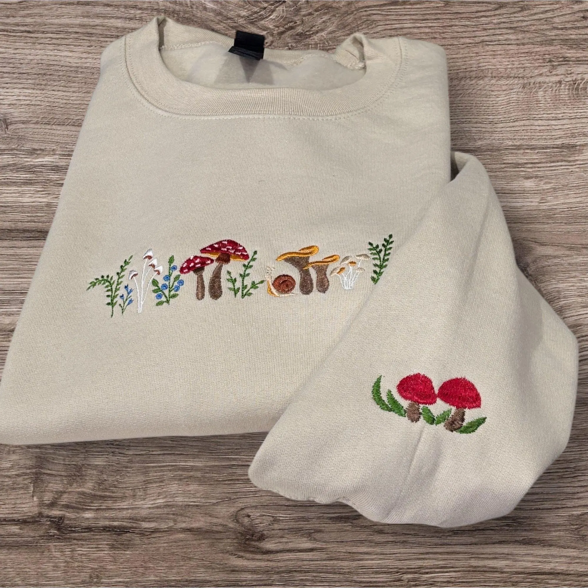 Enchanted hedgerow, mushroom forest embroidered, floral woodland sweatshirt, hoodie. Pretty flowers, wildlife, forestry sweater.