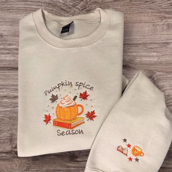 Embroidered Pumpkin Spice Sweatshirt: Autumn Leaves Season Jumper