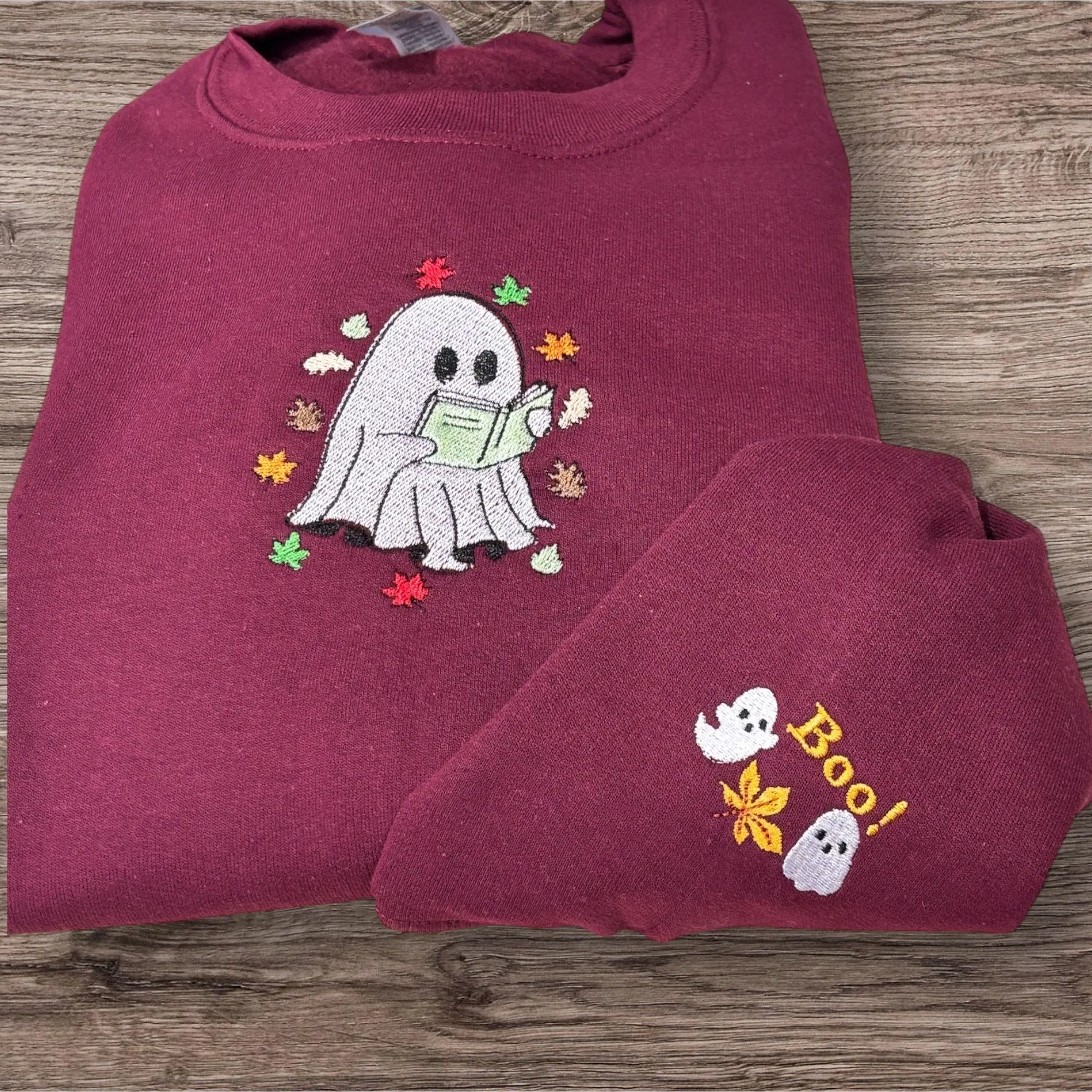 Embroidered Ghost Sweatshirt or Hoodie: Autumn Leaves, Spooky Halloween