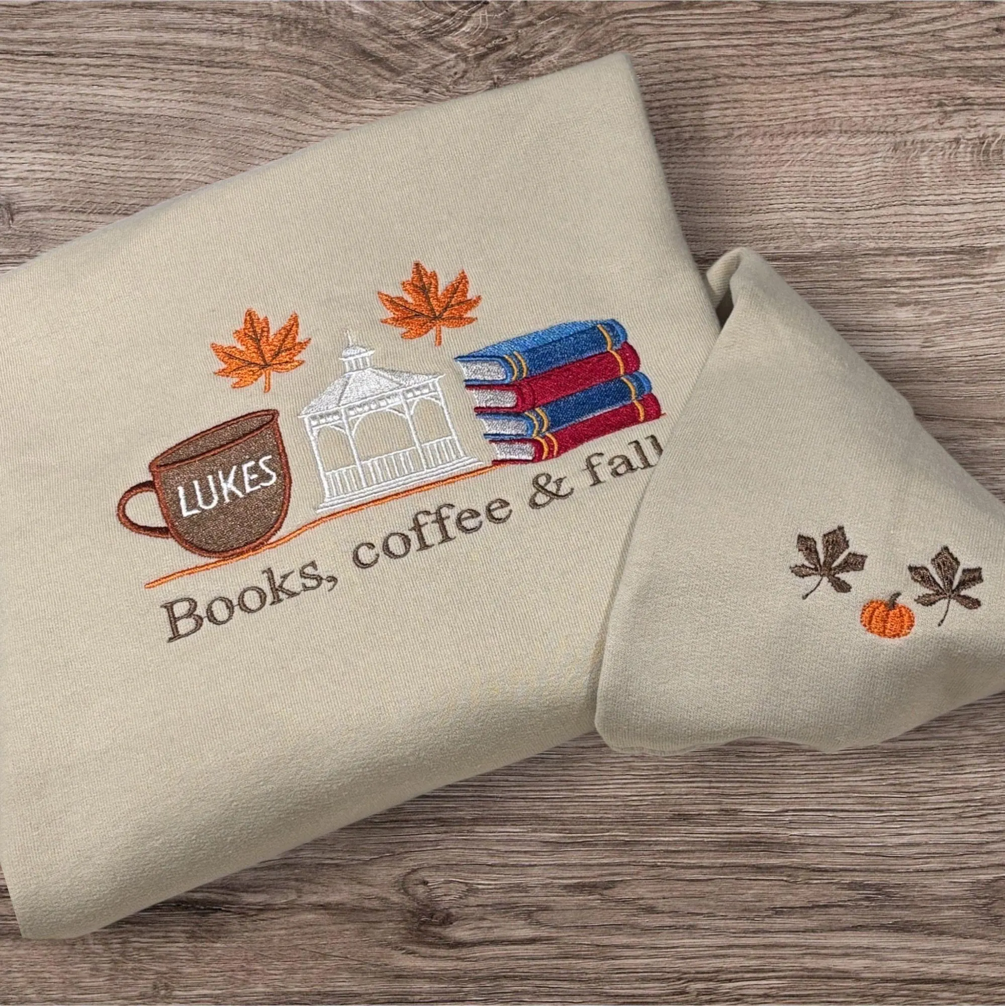 Embroidered Autumn Sweatshirt: Books, Coffee, and Fall Crew Neck - Image 3