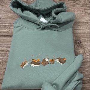 Embroidered autumn hedgehogs, sweatshirt or hoodie. Optional hedgehog and pumpkin sleeve embroidery, cute animal clothes gift.