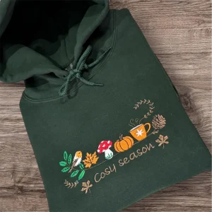 Embroidered cosy season, robin bird,pumpkin, sweatshirt, hoodie,crew neck, ladies fashion. Season jumper, autumn/fall leaves.