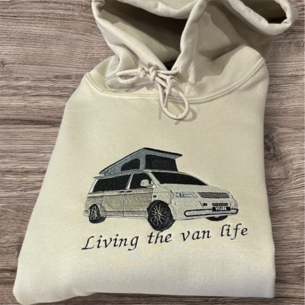 Embroidered Personalized Camper Van Hoodie: Custom Color & Number