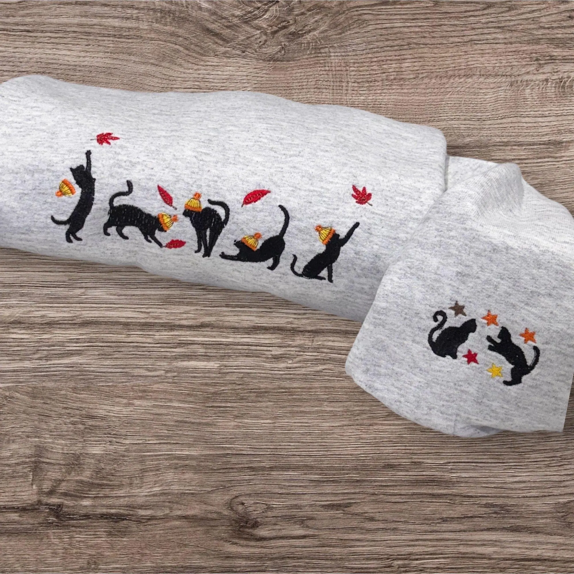 Embroidered cute autumn black cats with sweatshirt or hoodie. Kitten clothing, animal clothes, gift for cat lovers, fall cat hoodie. - Image 4