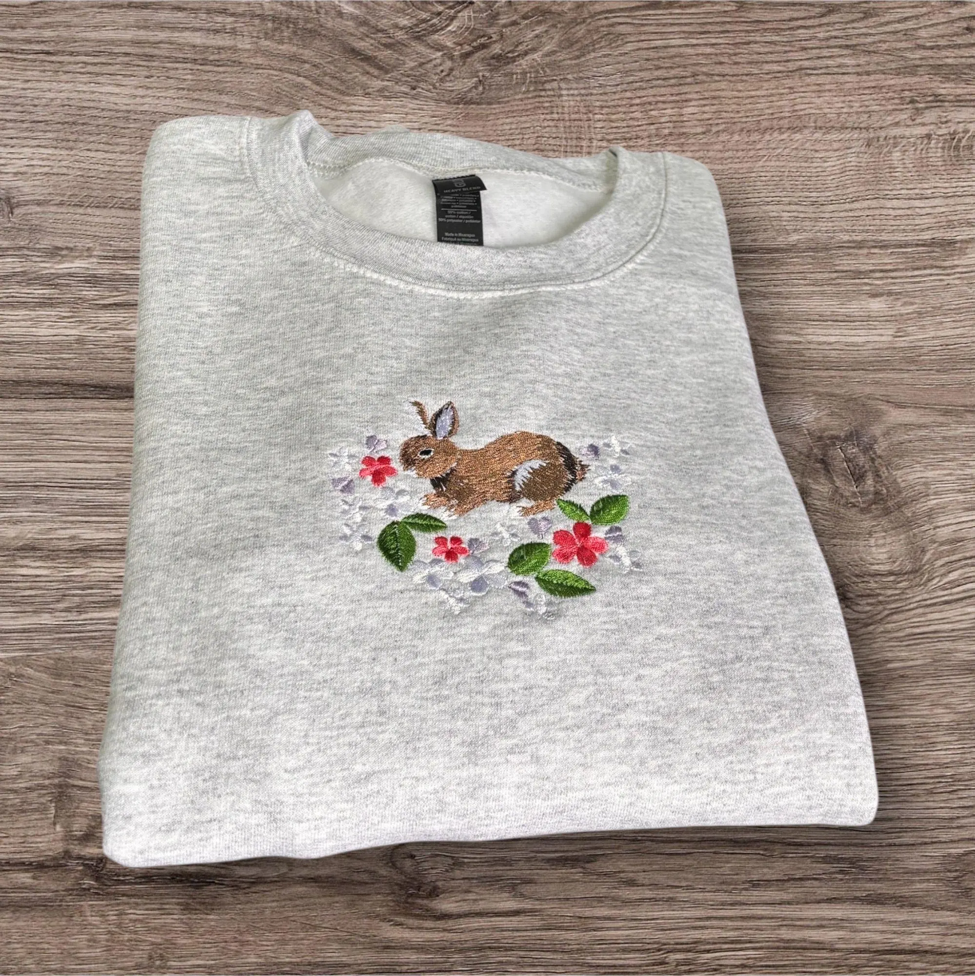 Embroidered Rabbit Sweatshirt: Spring Flower Hedgerow Design - Image 3