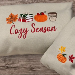 Embroidered Cosy Season Sweatshirt: Autumn Leaves, Coffee Cup & Candles