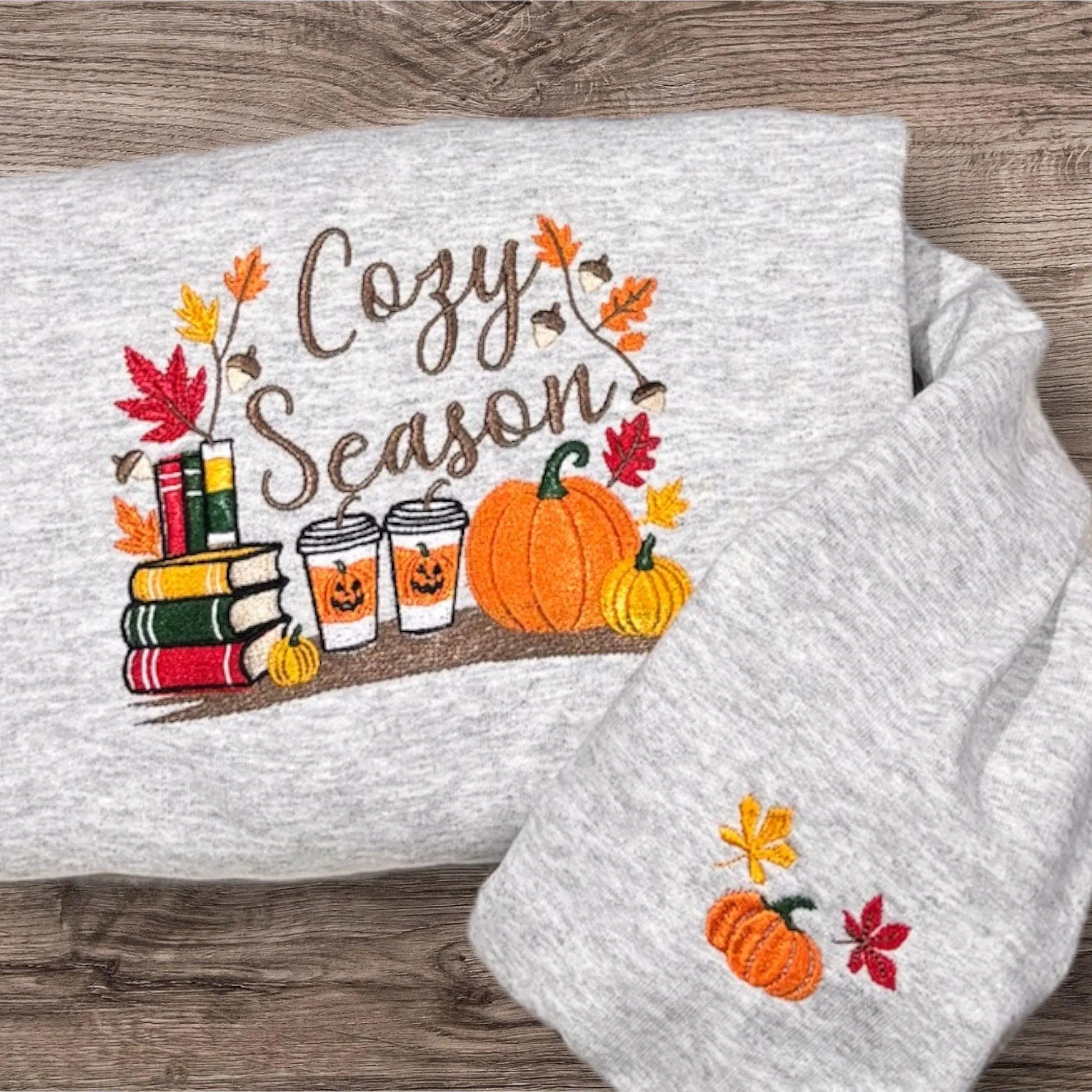 Embroidered Cosy Season Sweatshirt: Autumn Leaves, Coffee Cup & Candles - Image 5