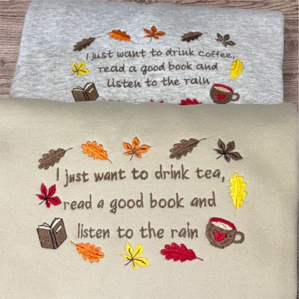 Embroidered Autumn Leaves Sweatshirt: Cozy Tea & Book Lover Gift - Image 6