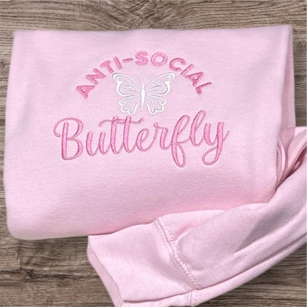 Embroidered Anti Social Butterfly Sweatshirt: Pretty Pink Crew Neck - Image 2