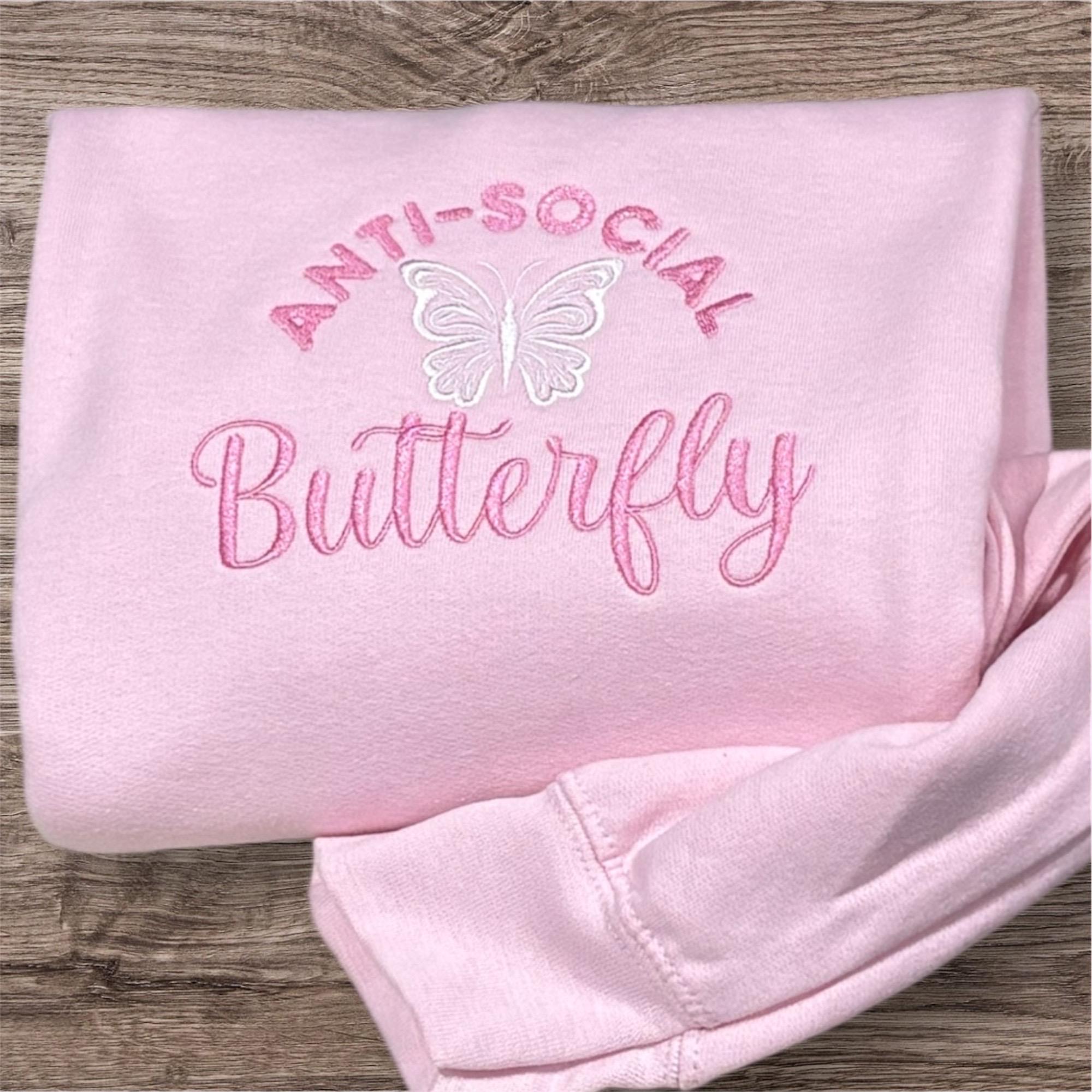 Embroidered Anti Social Butterfly Sweatshirt: Pretty Pink Crew Neck - Image 2