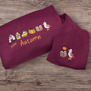 Embroidered Autumn Sweatshirt: Robin, Pumpkin, Mushroom Design