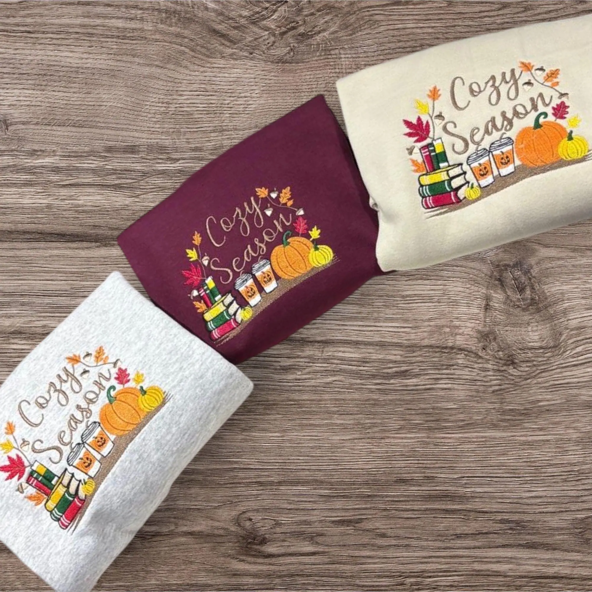 Embroidered Cosy Season Sweatshirt: Autumn Leaves, Coffee Cup & Candles - Image 3