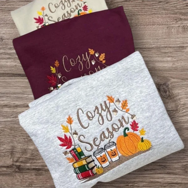 Embroidered Cosy Season Sweatshirt: Autumn Leaves, Coffee Cup & Candles - Image 2