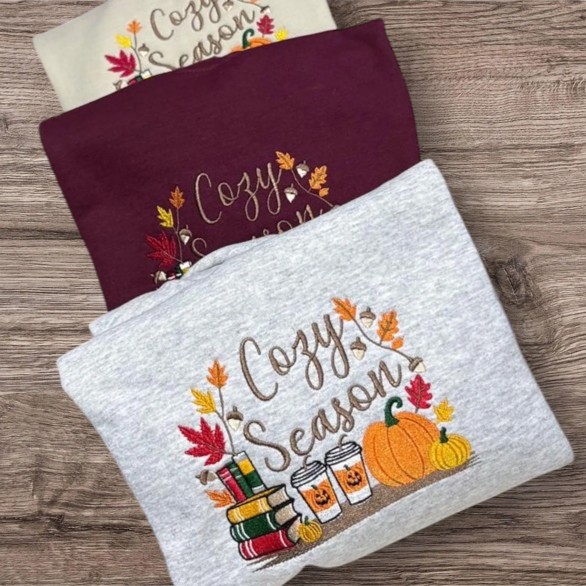 Embroidered Cosy Season Sweatshirt: Autumn Leaves, Coffee Cup & Candles - Image 2