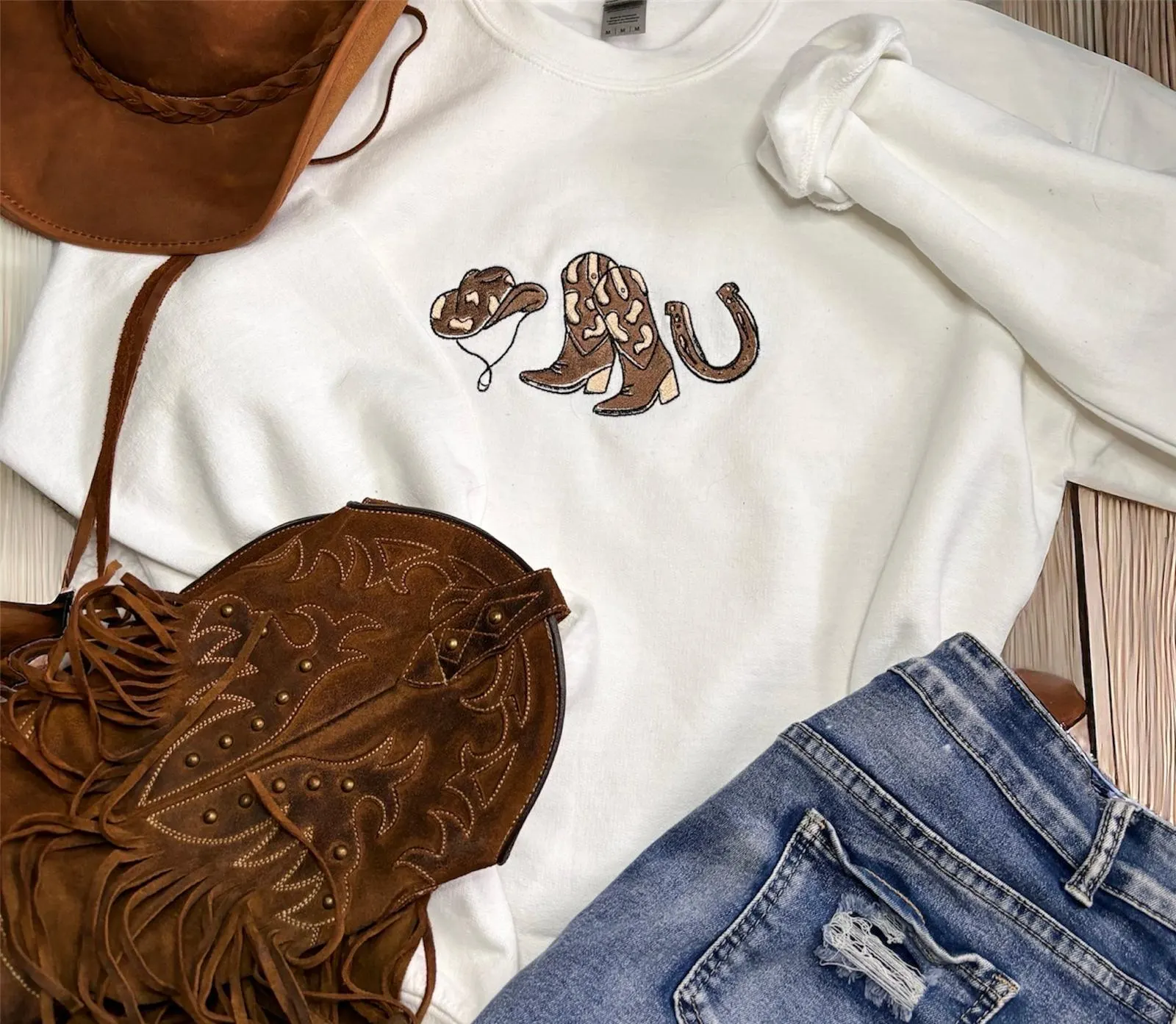 Embroidered cowboy boots, cowboy hat,horse shoe sweatshirt or hoodie. Country clothing, cowgirl, western vibes. - Image 5