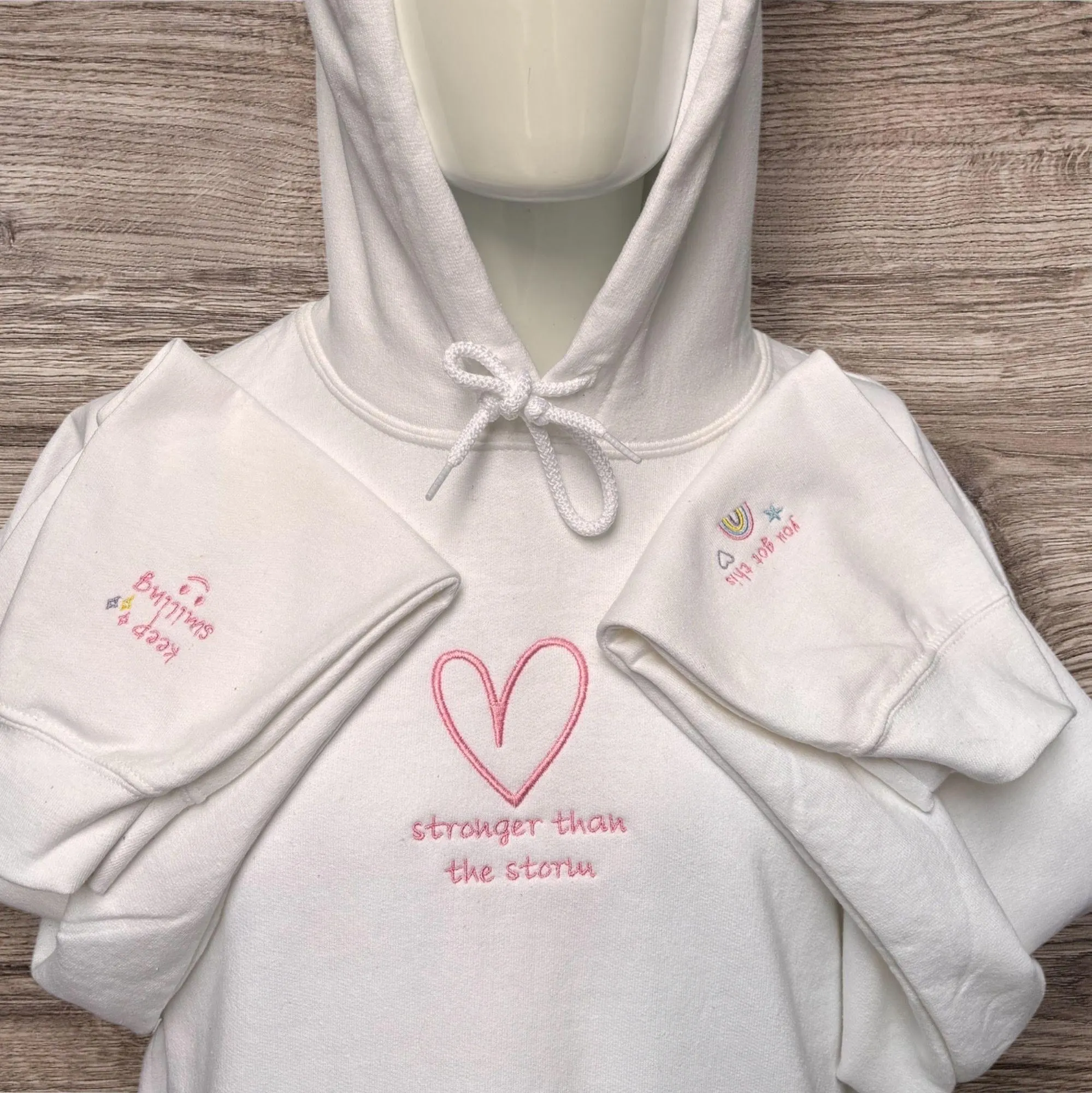 Embroidered Heart Sweatshirt: Positive Mind, Stronger Than The Storm