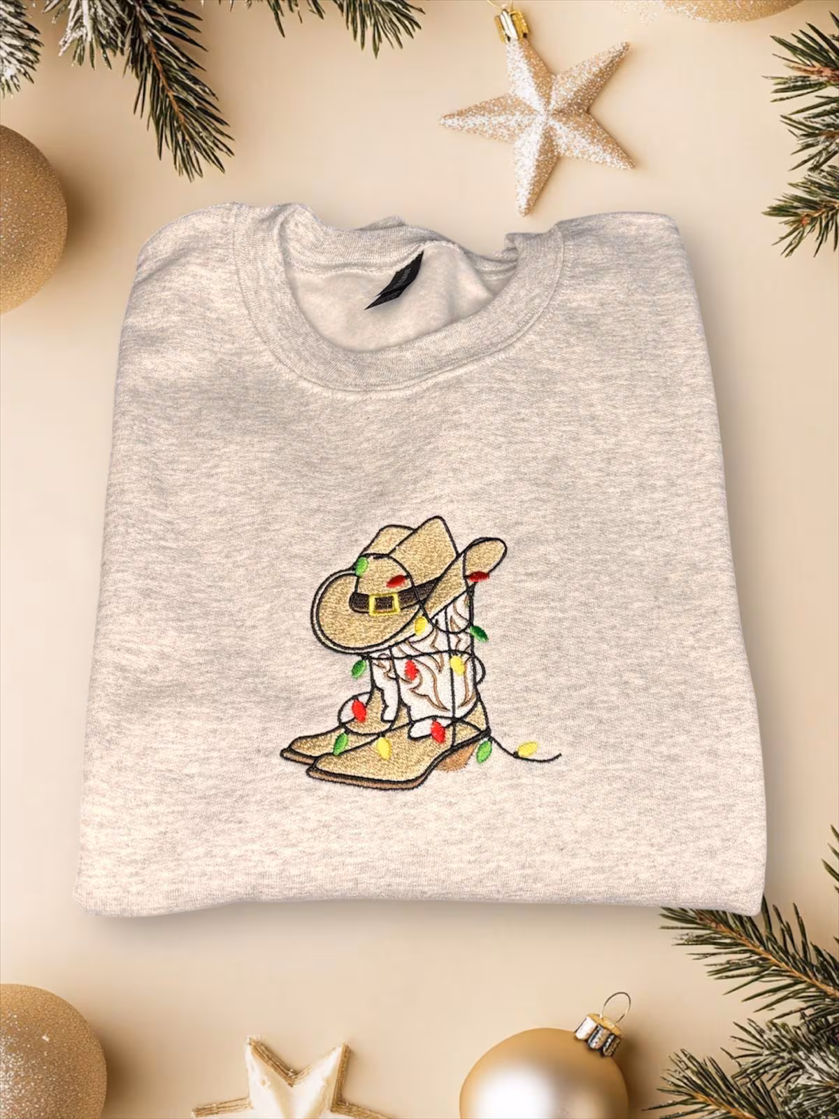 Embroidered Cowboy Boots Christmas Sweatshirt: Western Holiday Jumper