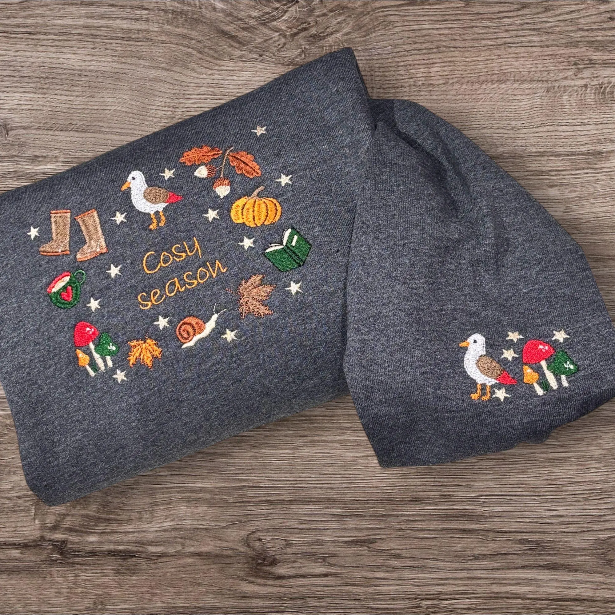 Embroidered Cosy Season Sweatshirt: Autumn Leaves, Coffee Cup & Wildlife - Image 5