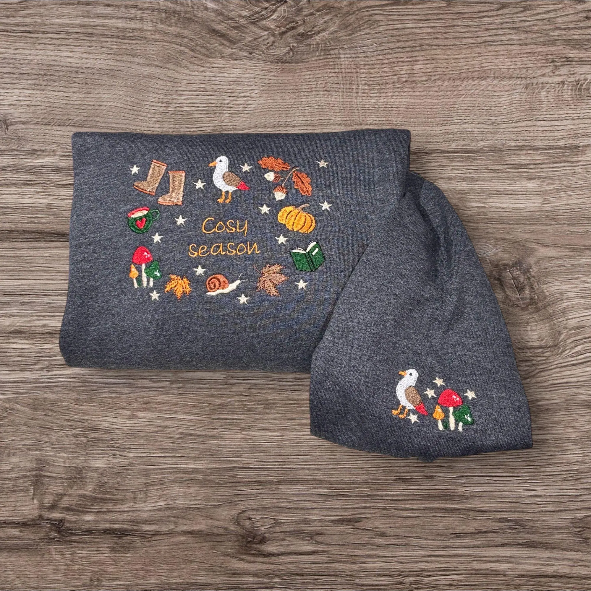 Embroidered Cosy Season Sweatshirt: Autumn Leaves, Coffee Cup & Wildlife - Image 2