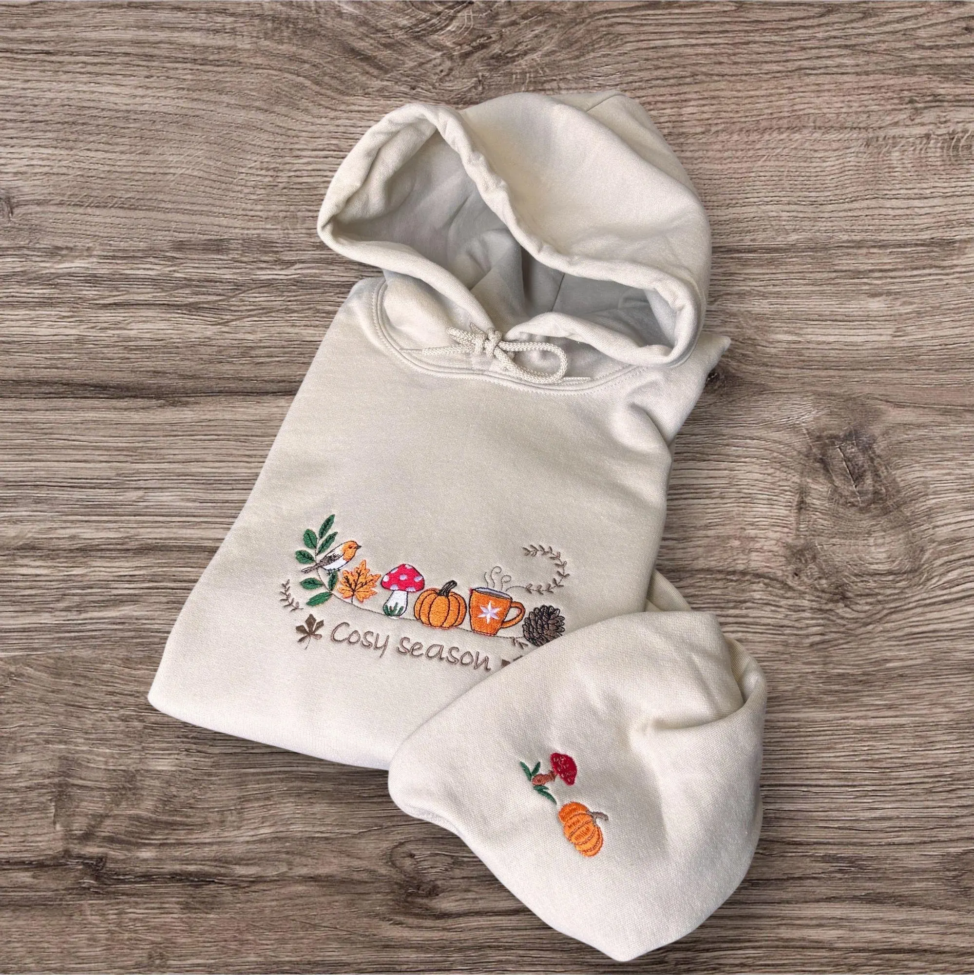 Embroidered cosy season, robin bird,pumpkin, sweatshirt, hoodie,crew neck, ladies fashion. Season jumper, autumn/fall leaves. - Image 6