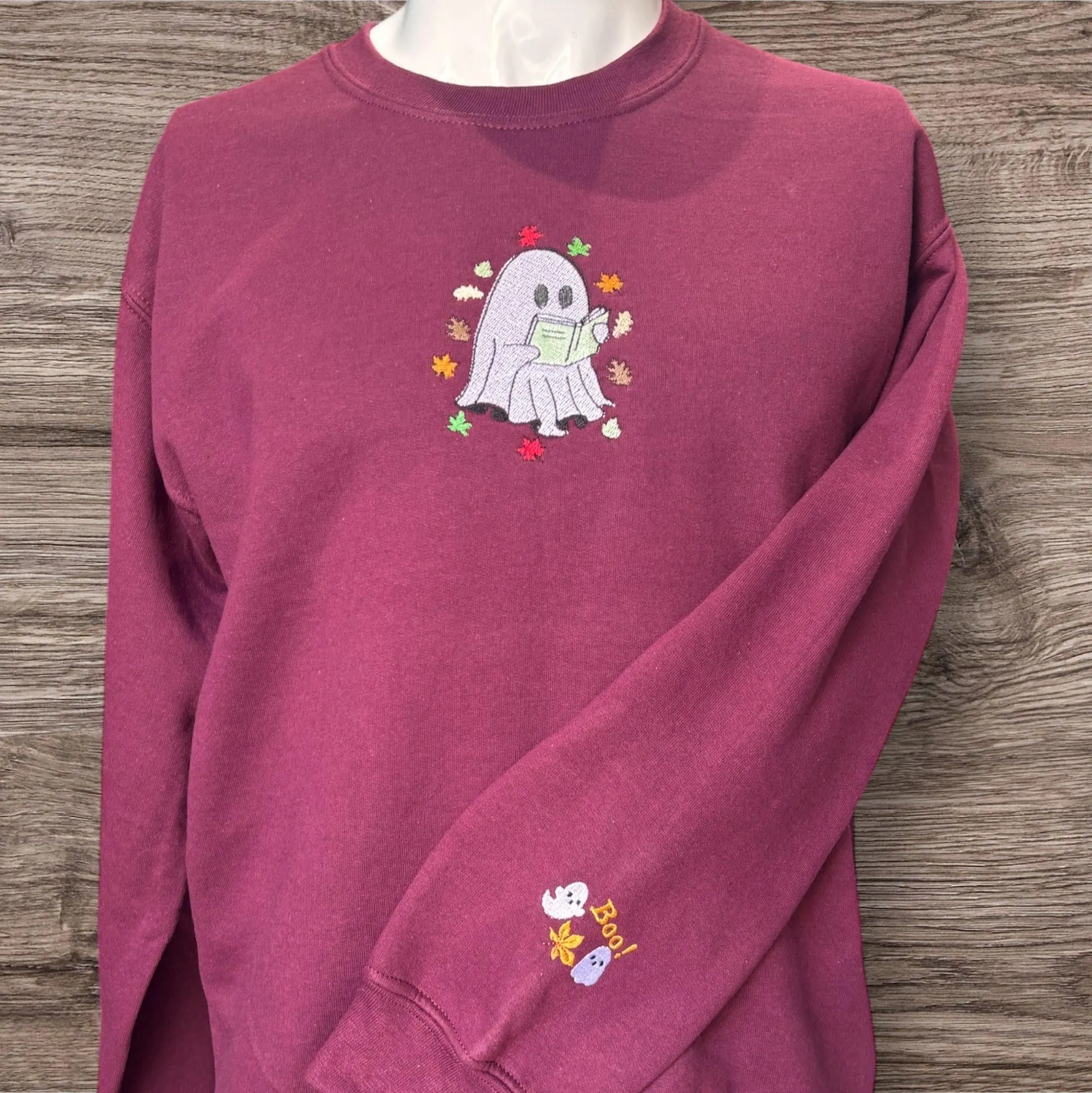 Embroidered Ghost Sweatshirt or Hoodie: Autumn Leaves, Spooky Halloween - Image 2