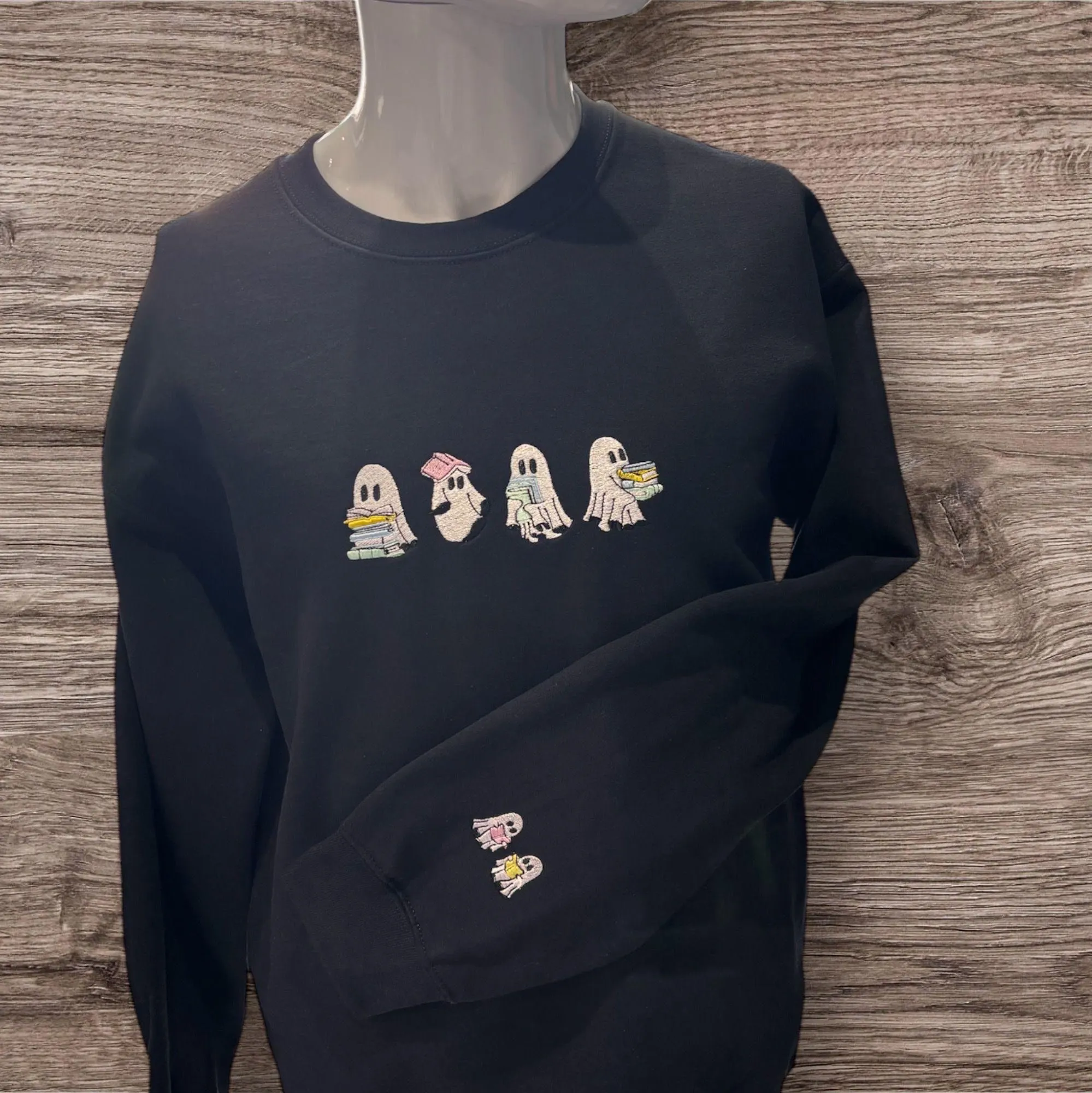 Embroidered Ghost Reading Book Sweatshirt: Spooky Halloween Hoodie - Image 2