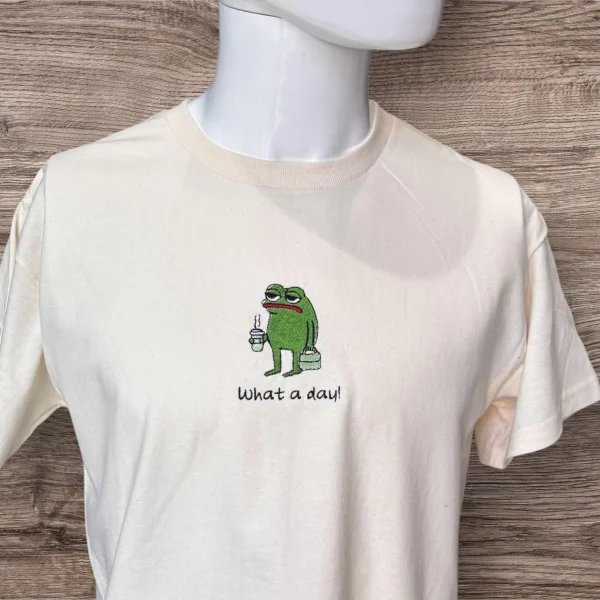 Embroidered Frog T-Shirt: What A Day Slogan, Animal Lover Gift - Image 2