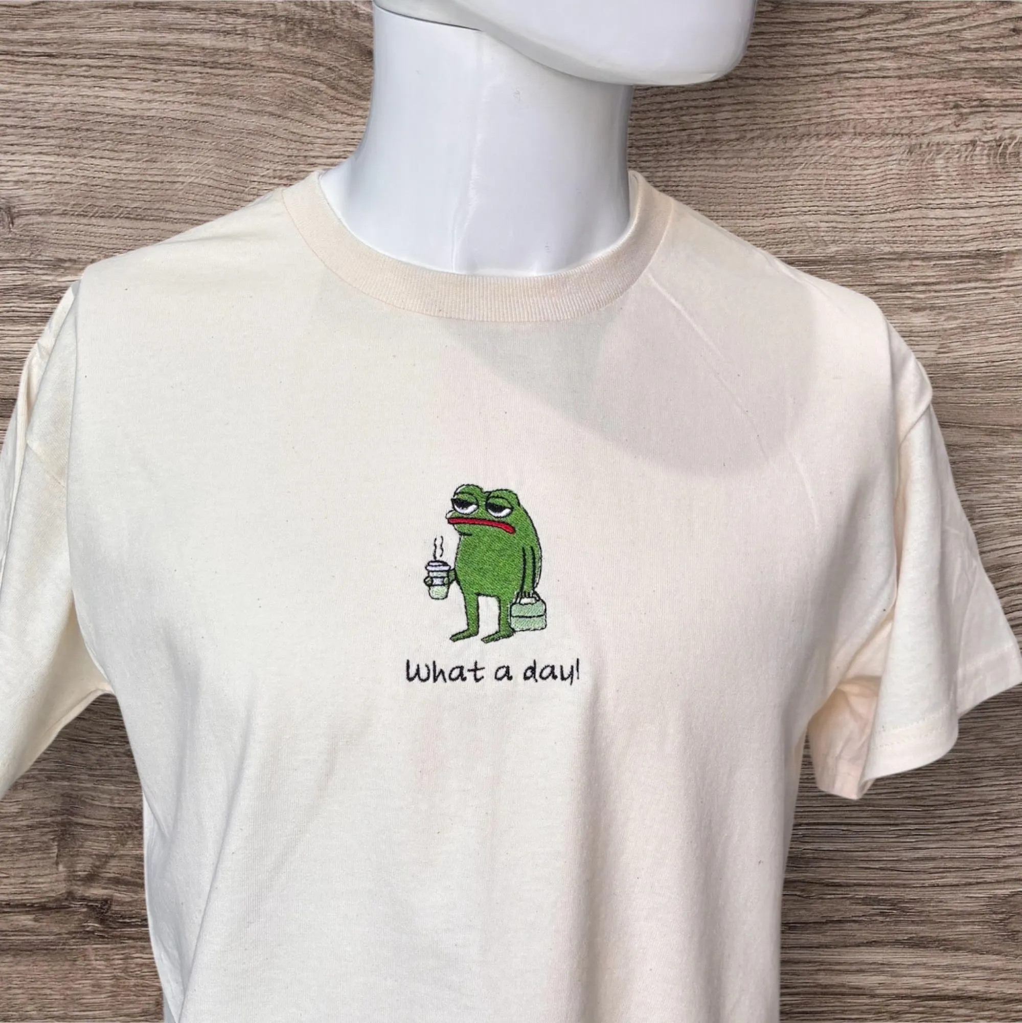 Embroidered Frog T-Shirt: What A Day Slogan, Animal Lover Gift - Image 2
