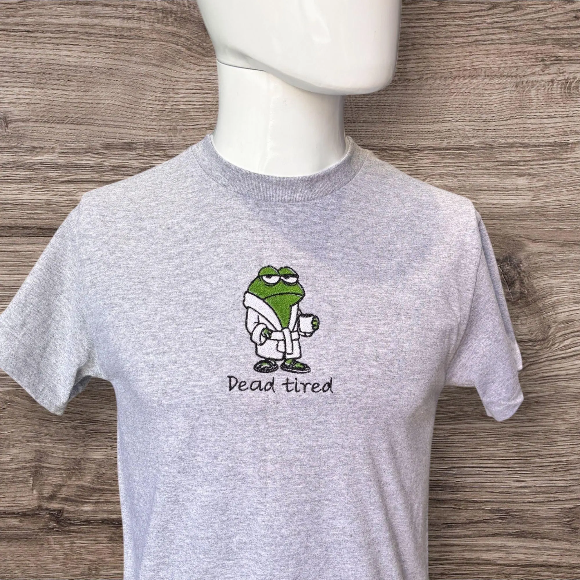 Embroidered funny frog dead tired slogan T-shirt, sweatshirt or hoodie. Frog in a bathrobe, sleepy frog clothing, animal clothes. Frog gift. - Image 2