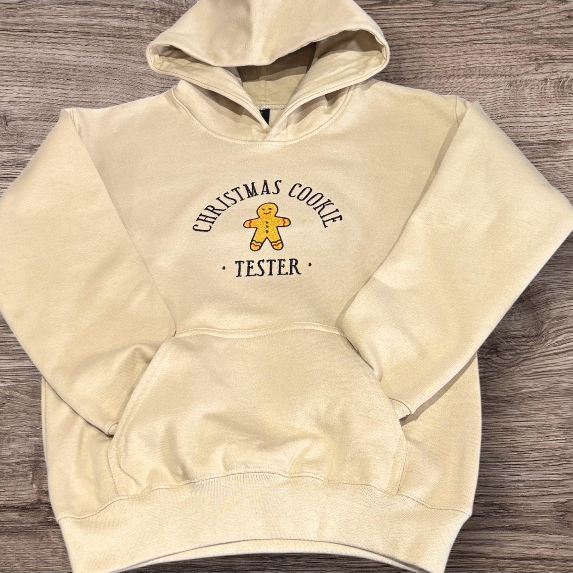 Gingerbread man christmas cookie tester embroidered children’s sweatshirt or hoodie. Matching family festive jumper. - Image 2