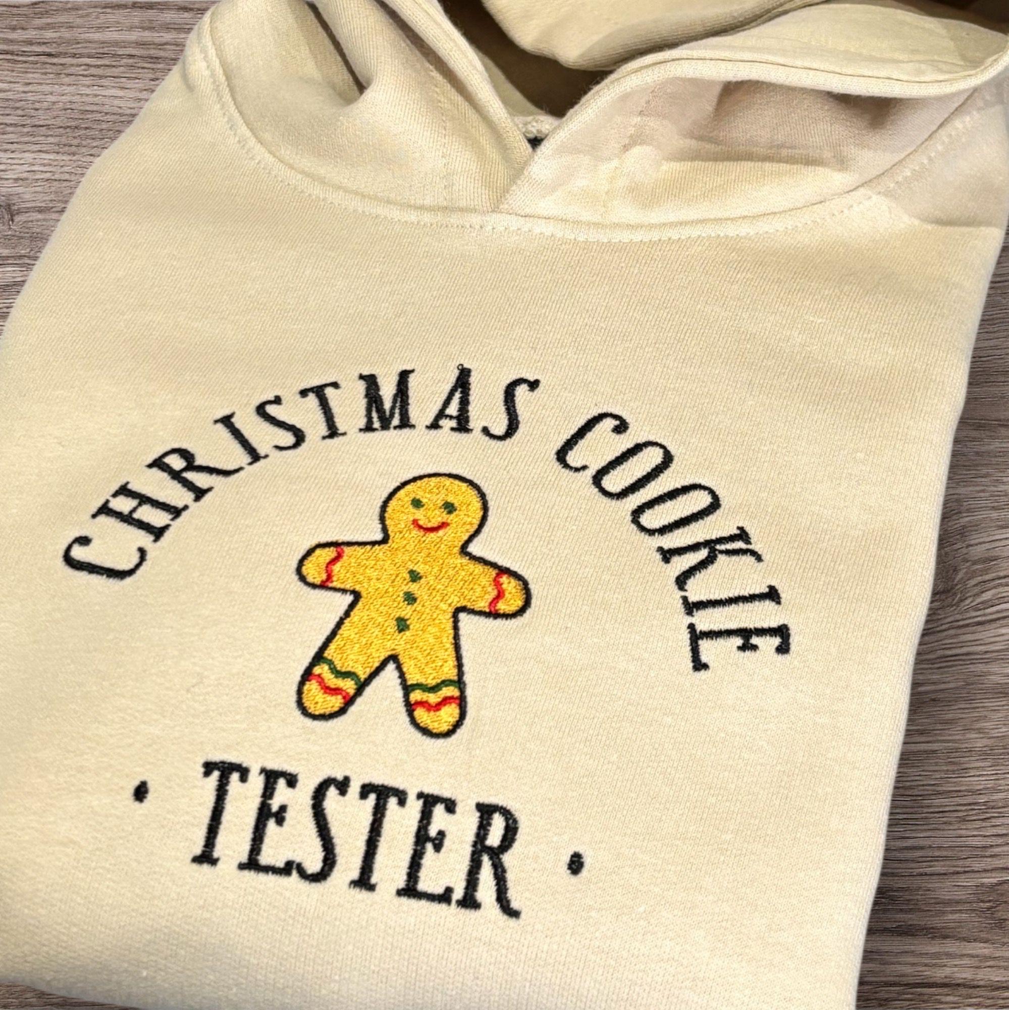 Gingerbread man christmas cookie tester embroidered children’s sweatshirt or hoodie. Matching family festive jumper.
