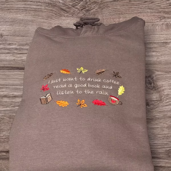 Embroidered Autumn Leaves Sweatshirt: Cozy Tea & Book Lover Gift - Image 2