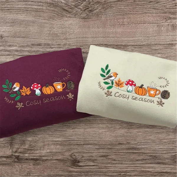 Embroidered cosy season, robin bird,pumpkin, sweatshirt, hoodie,crew neck, ladies fashion. Season jumper, autumn/fall leaves. - Image 5