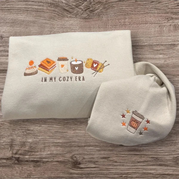 Embroidered Cozy Era Sweatshirt: Autumn Leaves & Coffee Cup - Image 2