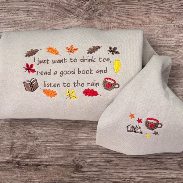Embroidered Autumn Leaves Sweatshirt: Cozy Tea & Book Lover Gift - Image 5