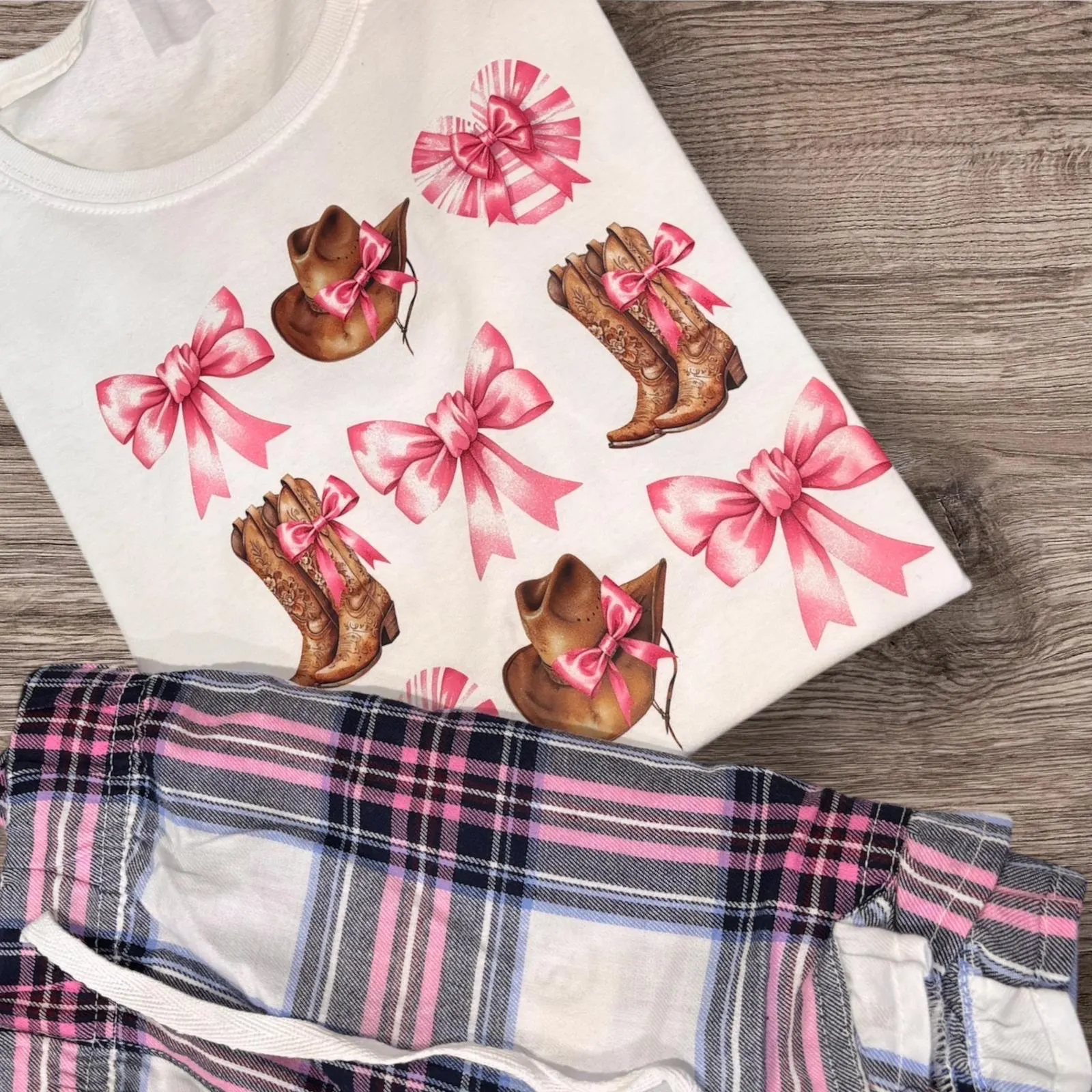 Cowgirl Pajama Set: Western Boot Print, Pink Bow Detail - Image 2